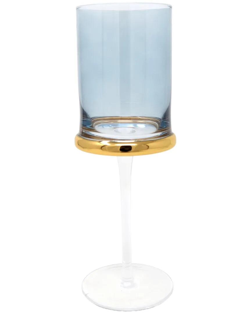 Set of 6 Water Glasses with Ring & Stem - Blue, Glass