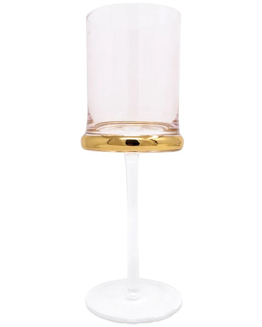 Set of 6 Water Glasses with Ring & Stem - Pink, Glass