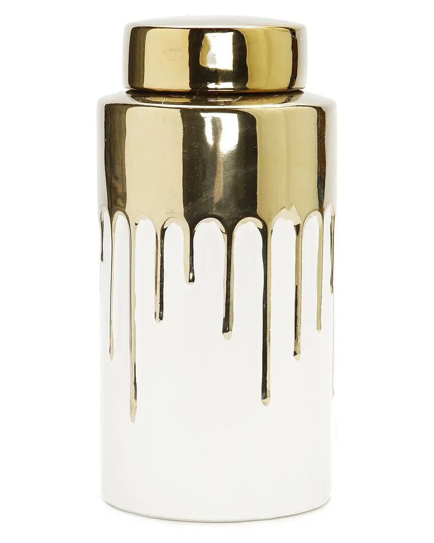 Tall Jar with Cover and Drip Design - White, Ceramic