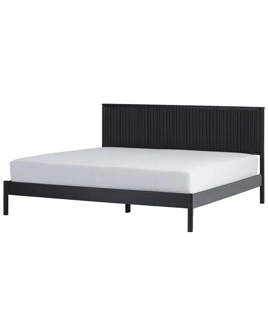 King Size Platform Bed with Reeded Headboard - Black, Pine Wood