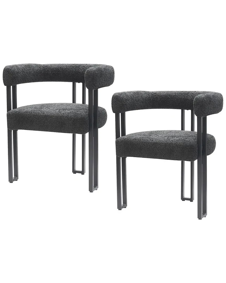 Set of 2 Boucle Fabric Dining Chairs - Charcoal, Metal