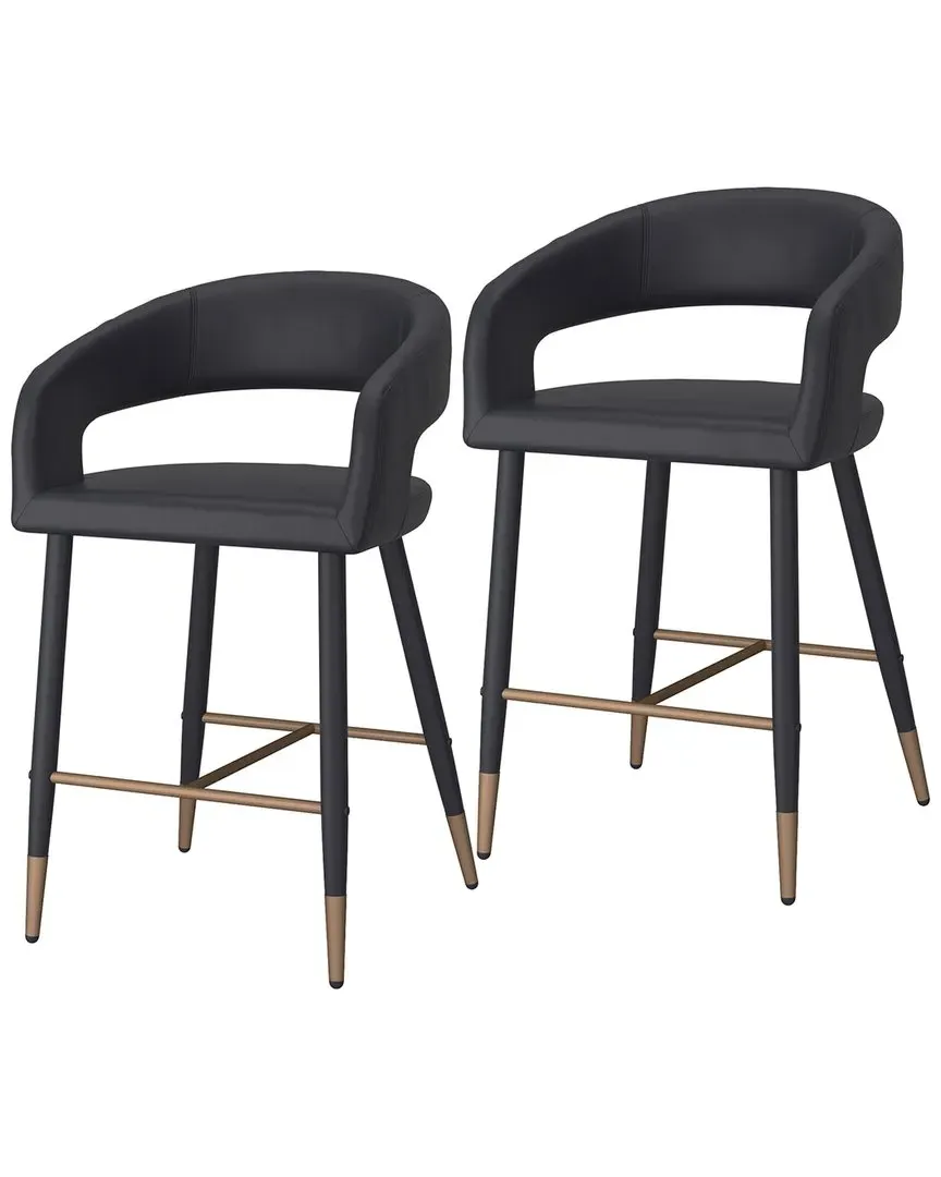 Set of 2 Counter Height Stools - Black, Faux Leather