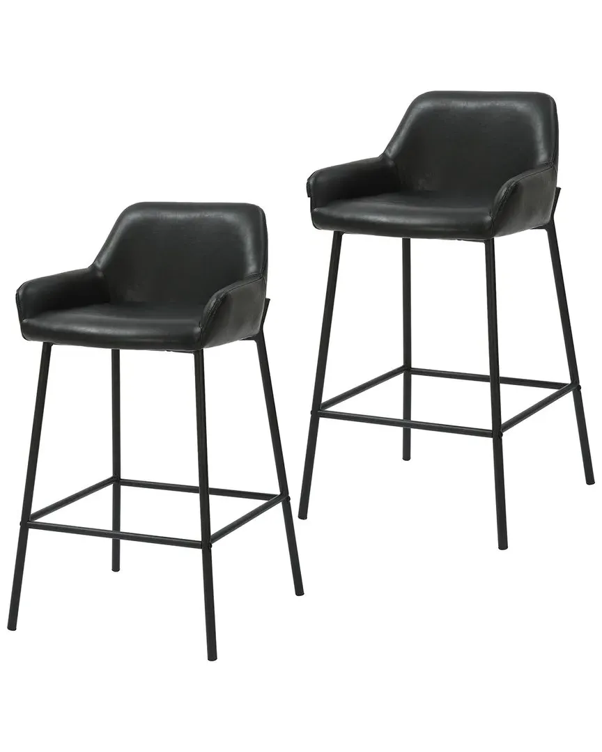 Set of 2 Counter Stools - Black, Faux Leather