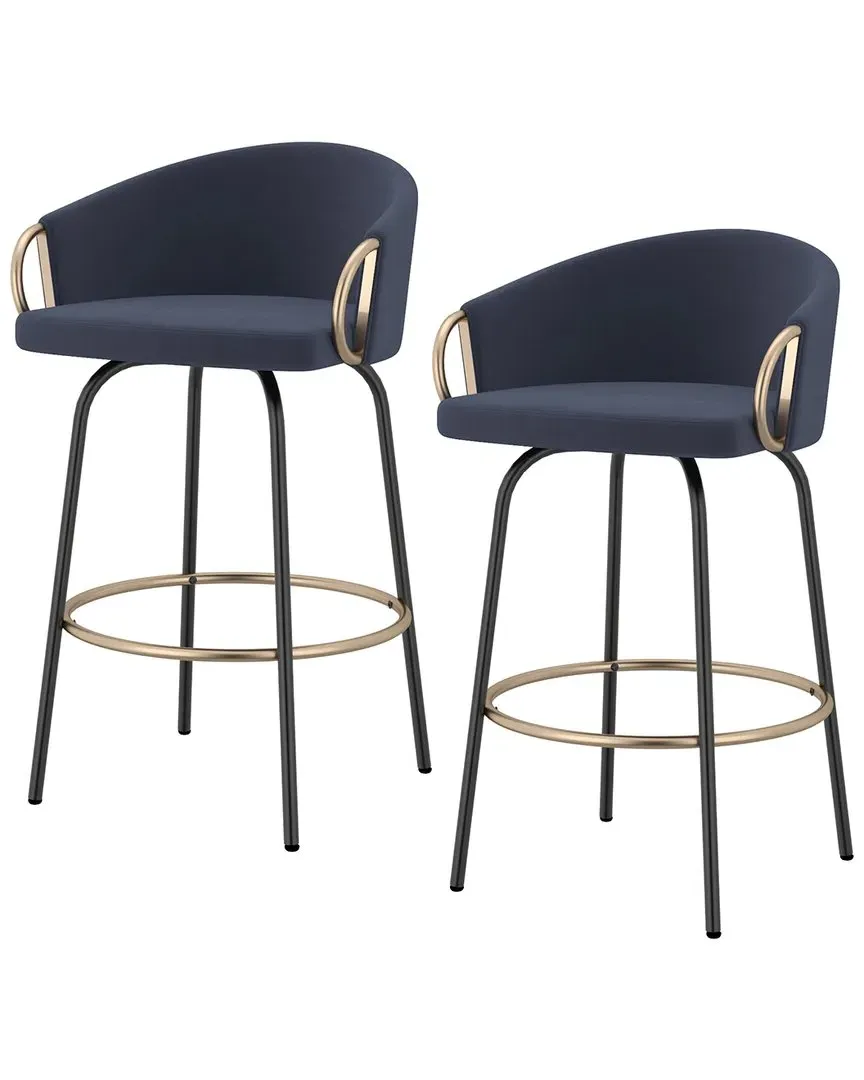 Set of 2 Counter Stools with Swivel Seat - Blue, Velvet