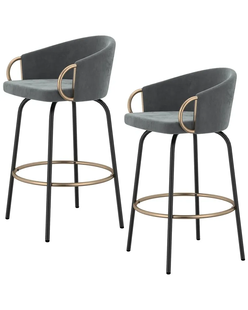Set of 2 Counter Stools with Swivel Seat - Grey, Velvet