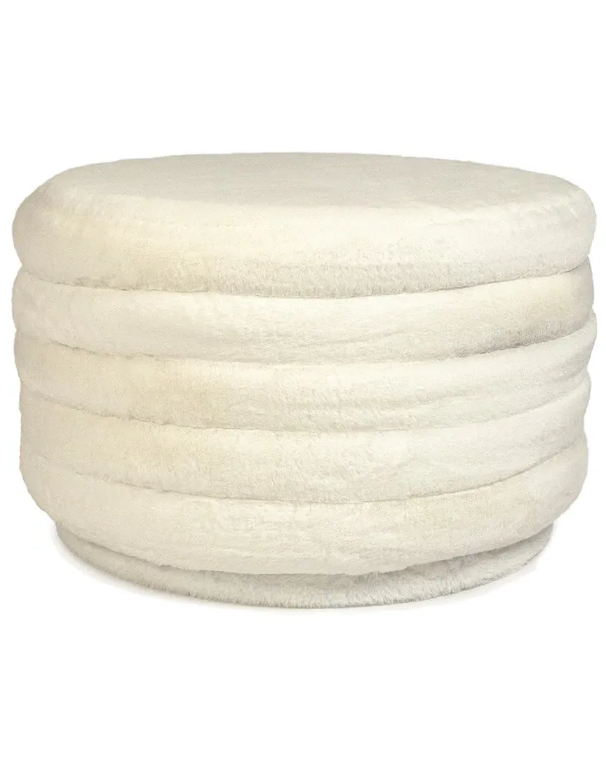 Round Ottoman - White, Faux Fur