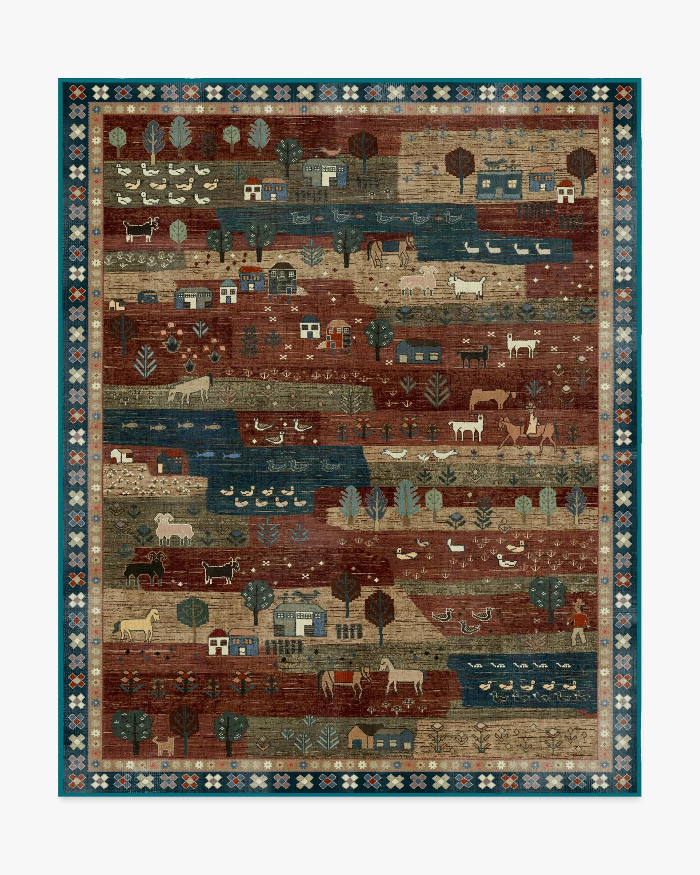 Large Area Rug Machine Washable - Red & Blue