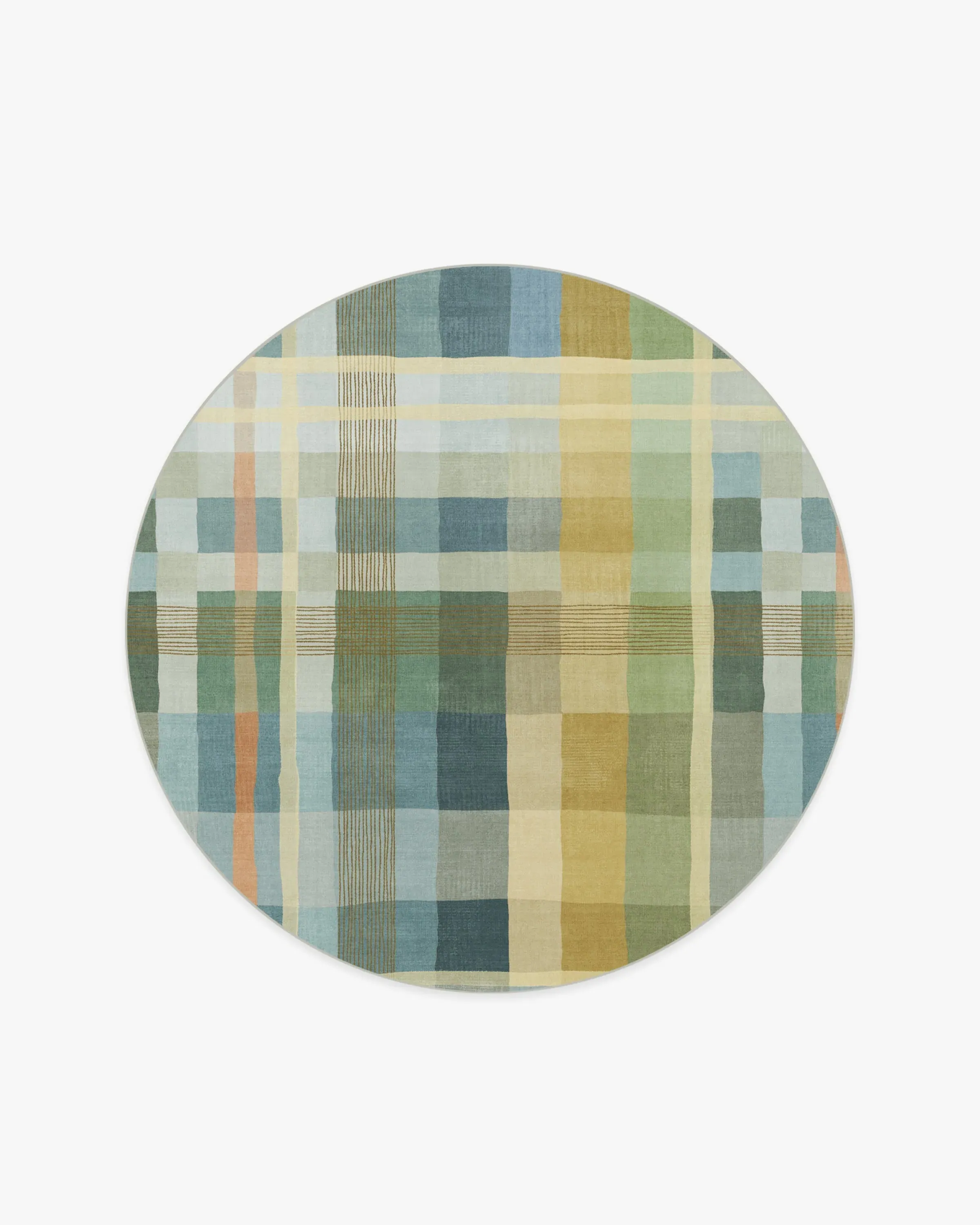 Round Area Rug Machine Washable - Blue Plaid