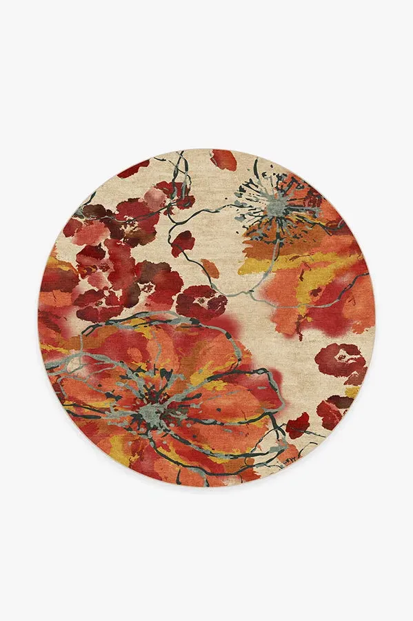 Round Machine Washable Area Rug - Coral, Watercolour