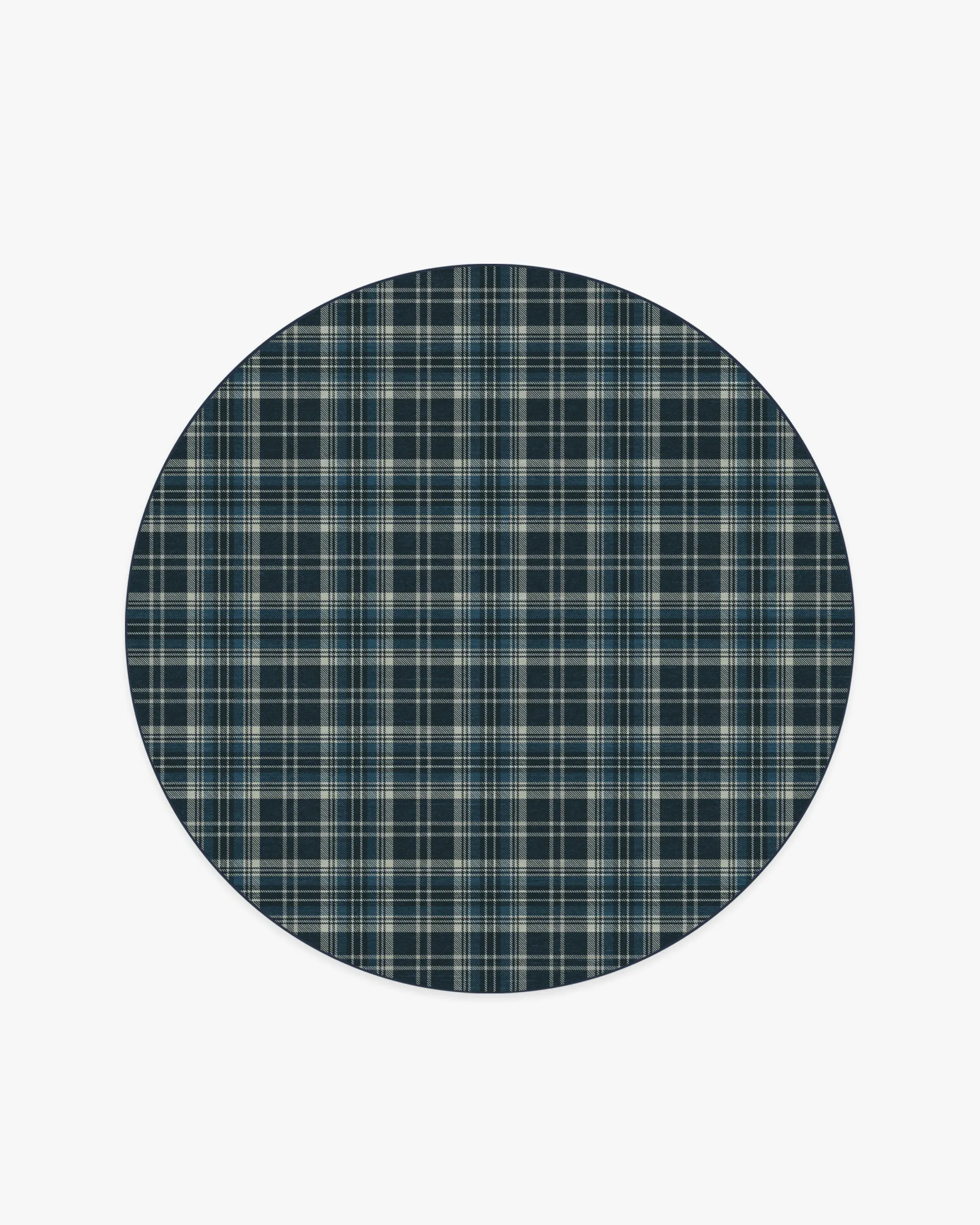 Round Machine Washable Area Rug - Navy Tartan