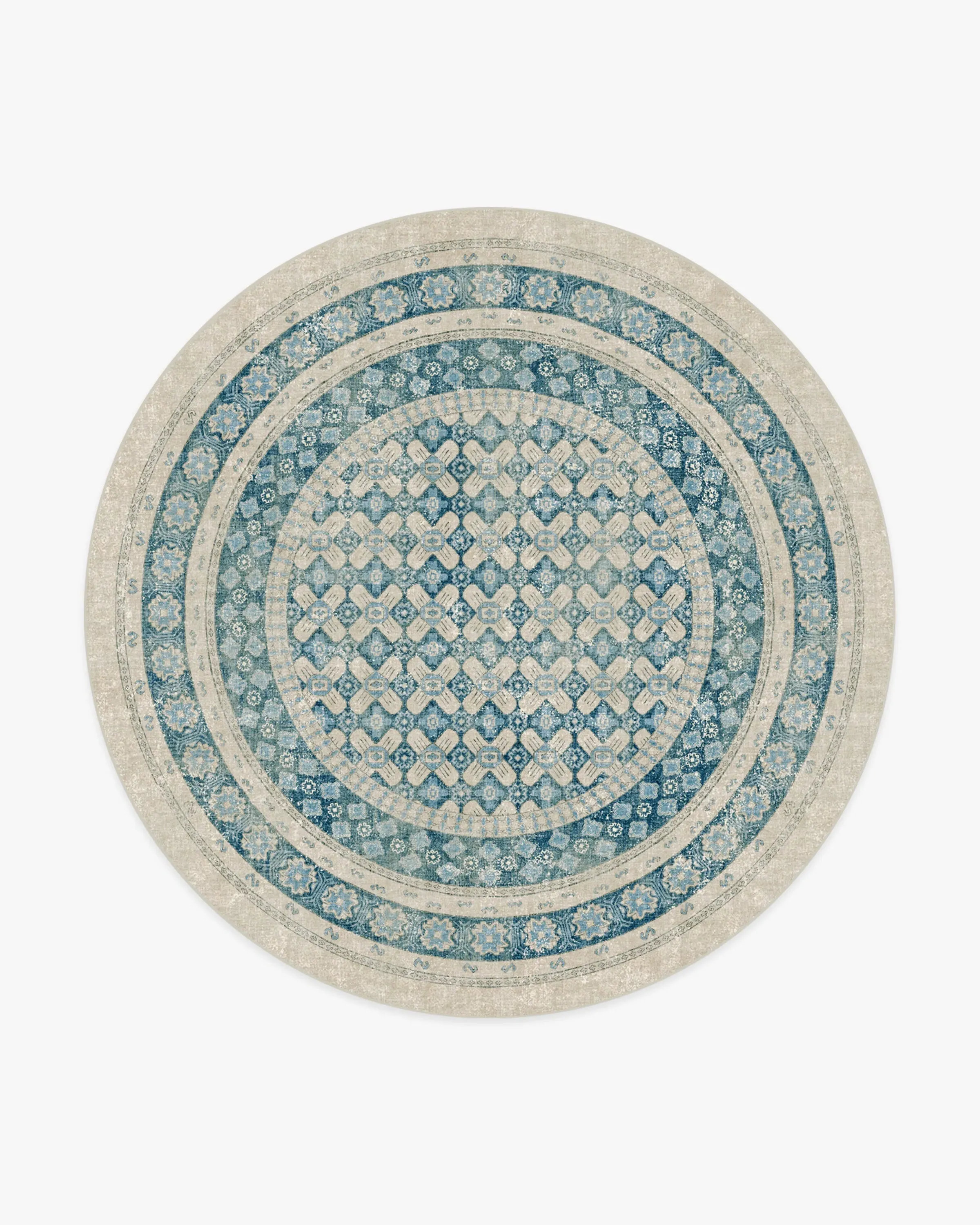 Round Machine Washable Area Rug - Neutral, Blue