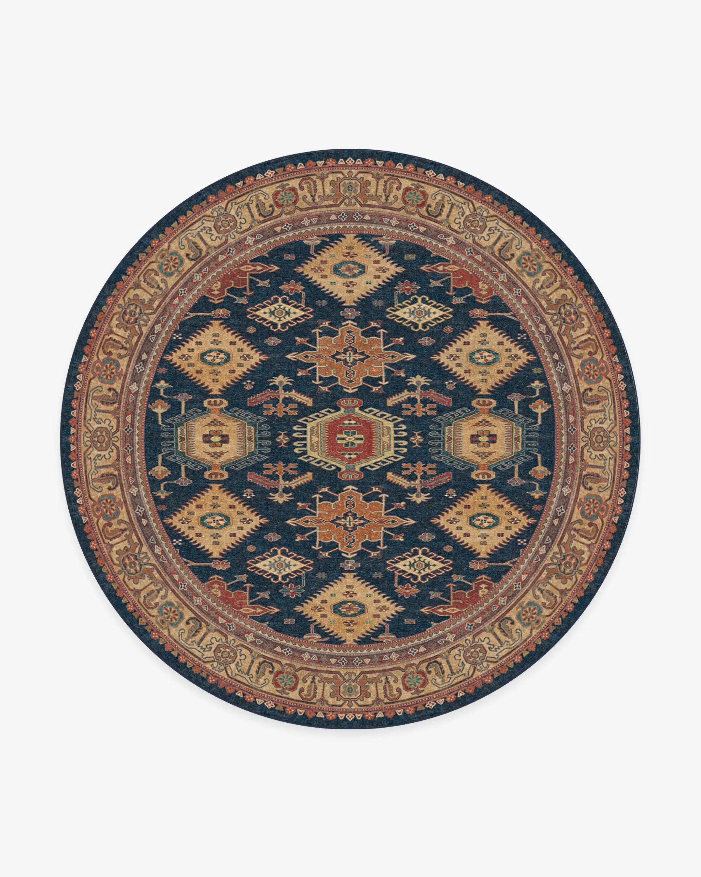 Round Machine Washable Rug - Blue, Flatwoven