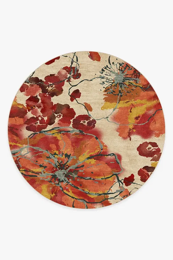 Round Machine Washable Rug - Coral, Watercolour
