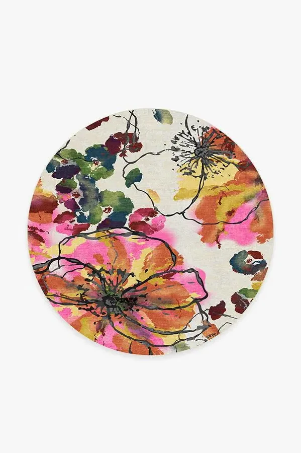 Round Watercolour Floral Area Rug - Multicolour