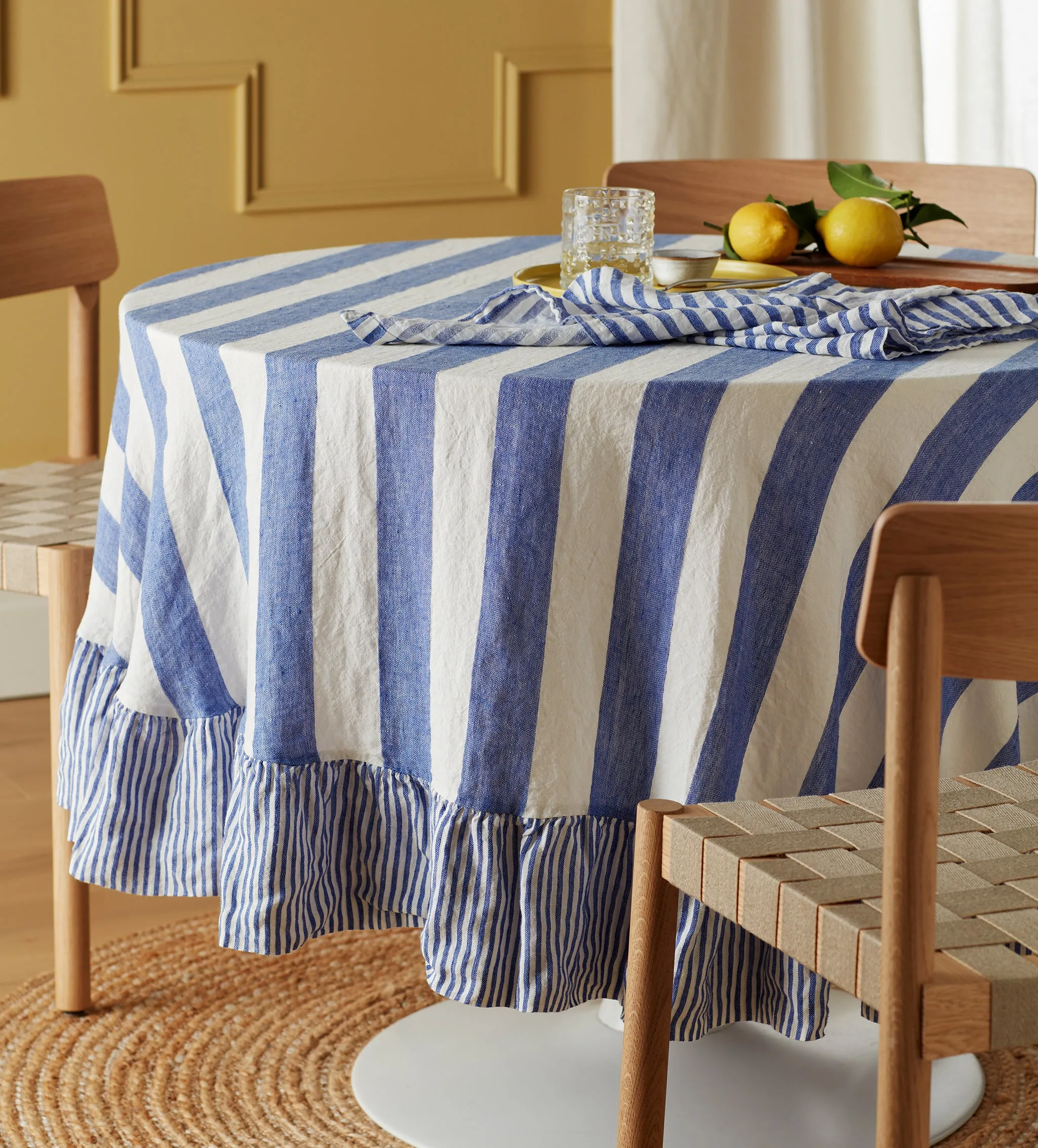 Cobalt Cora Round Tablecloth with Frill - Blue, Linen product