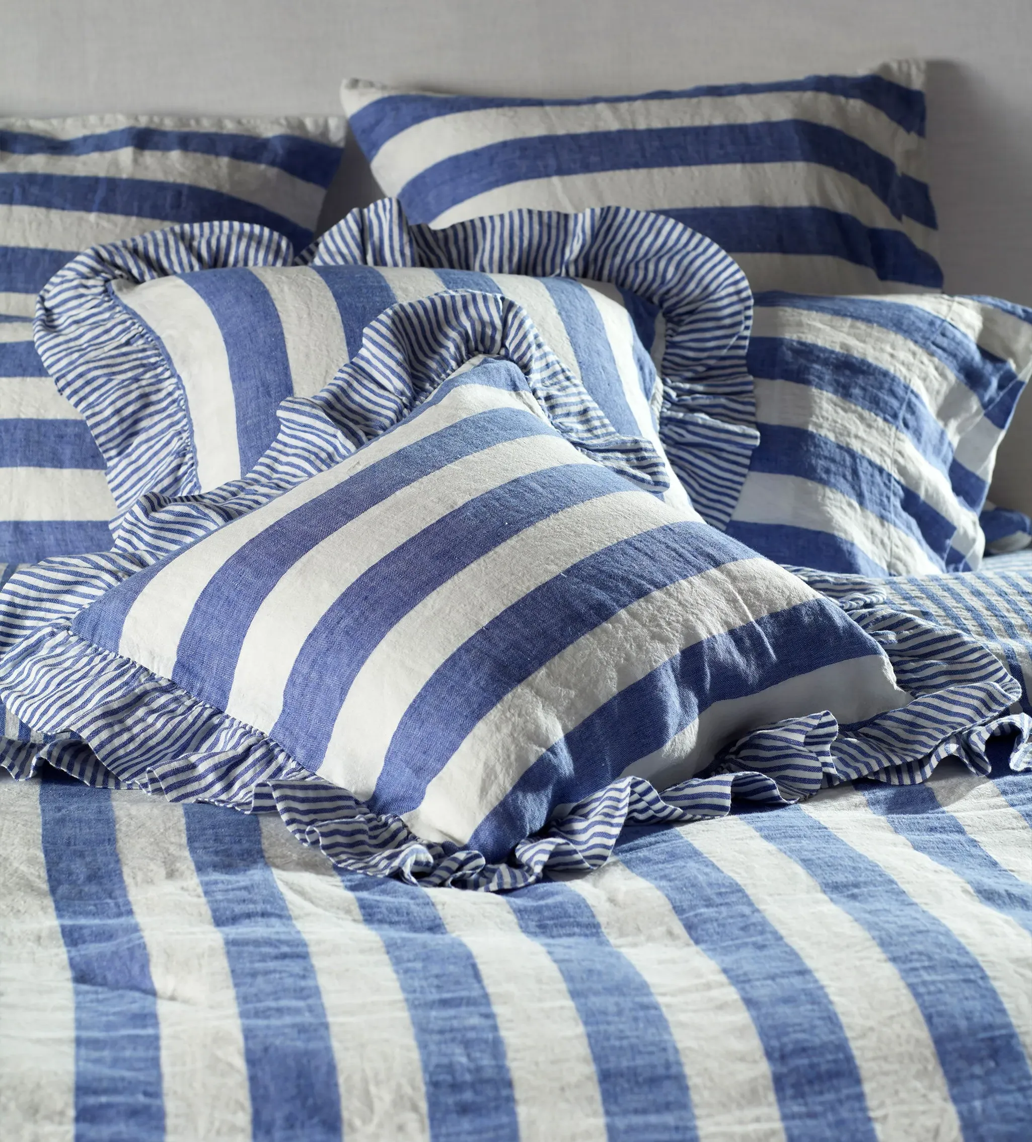 Cobalt Cora Wide Stripe Frill Edge Cushion Cover - Cobalt, Linen product
