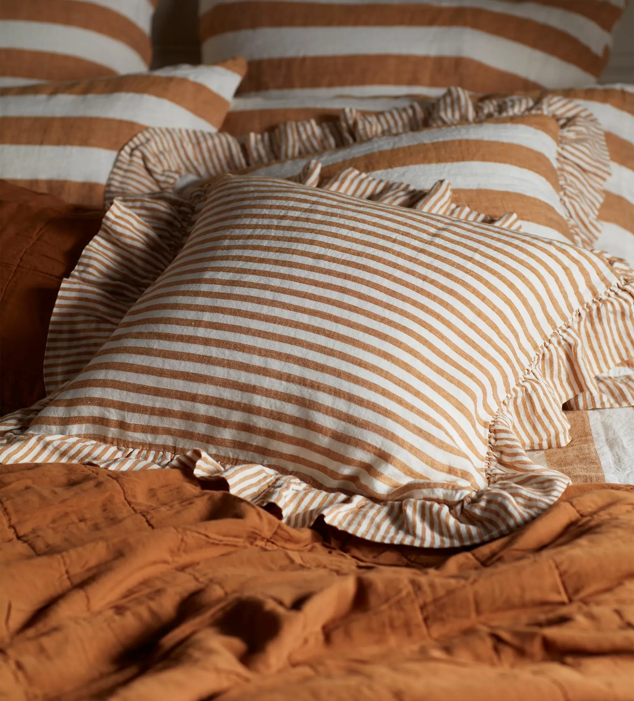 Cora Mid Stripe Frill Edge Cushion Cover - Amber, Linen product