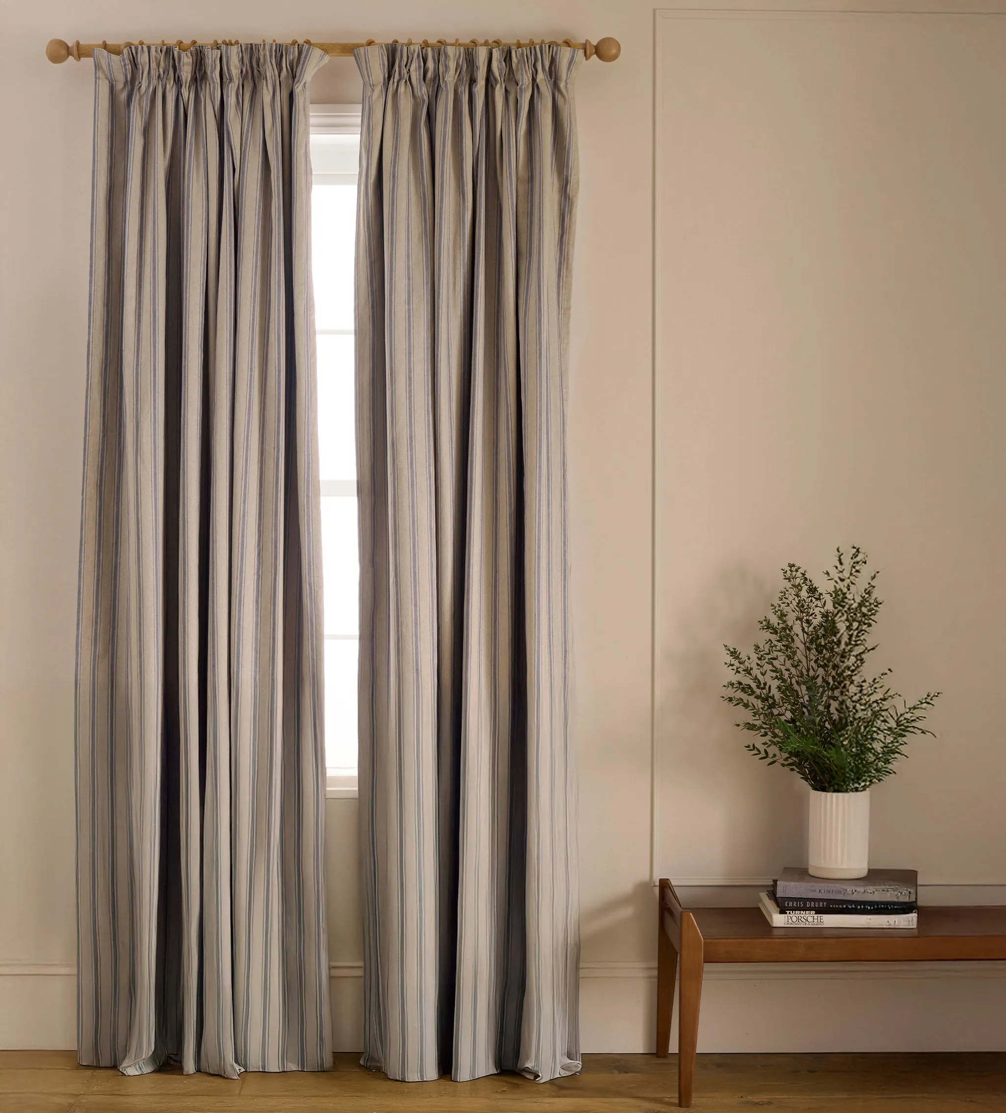 French Blue Stripe Twill Blackout Curtain Pair - Blue product