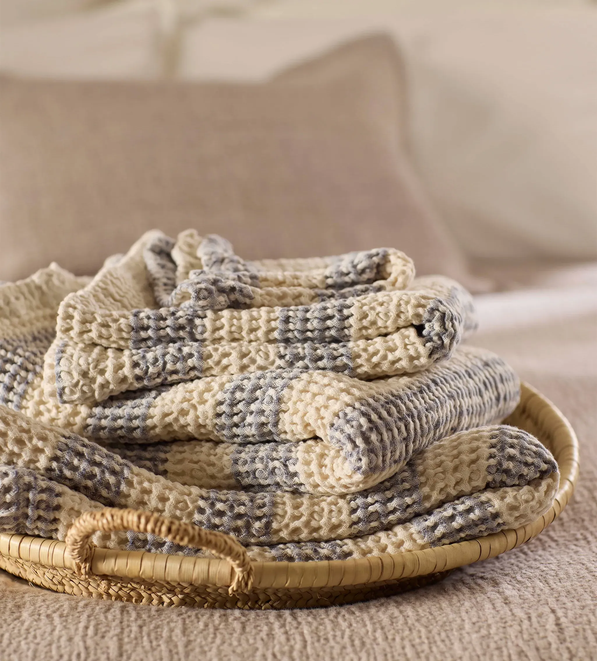 French Blue Wide Stripe Waffle Towel - Blue, Cotton product