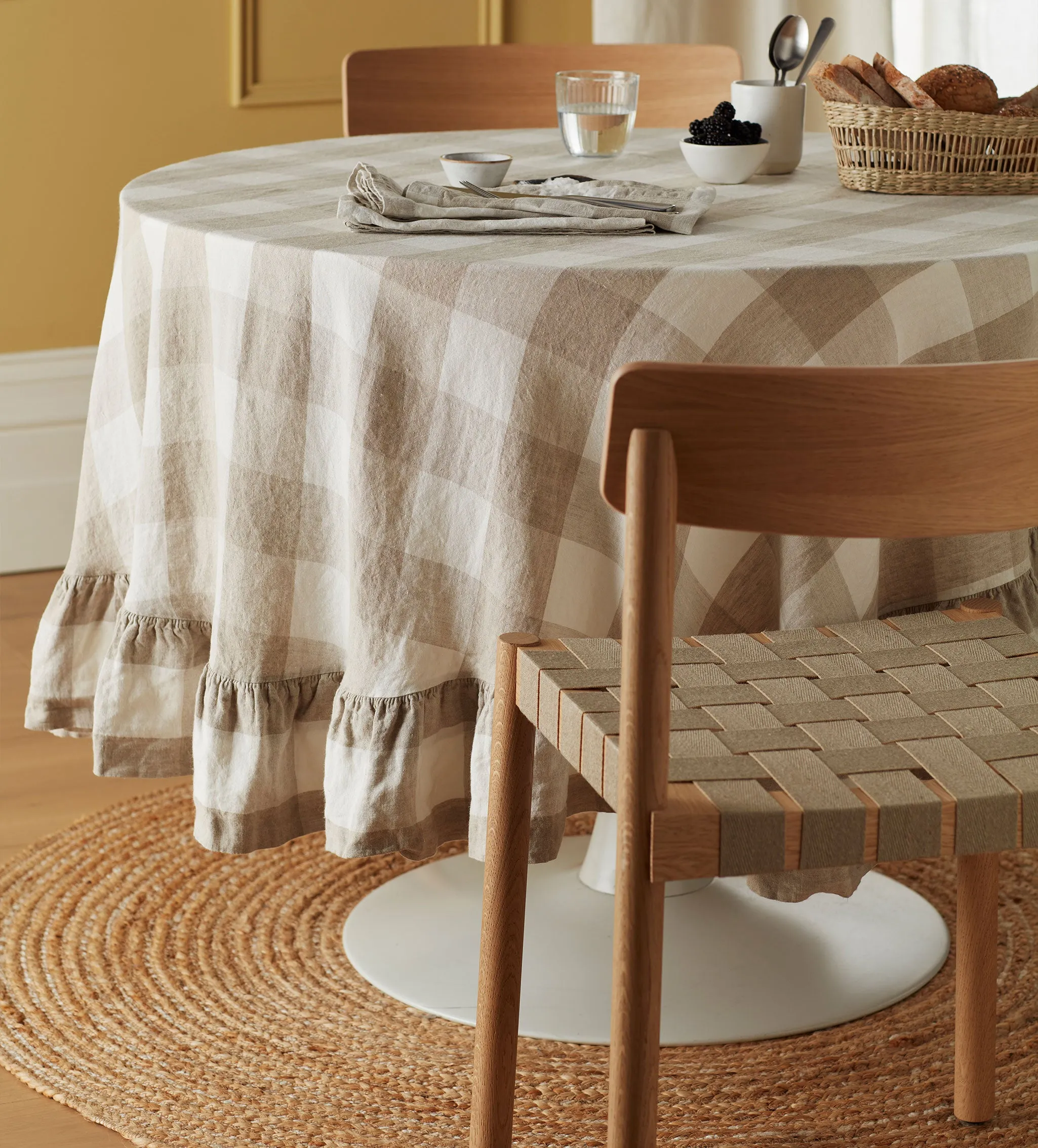 Gracie Gingham Round Tablecloth with Frill - Natural, Linen product