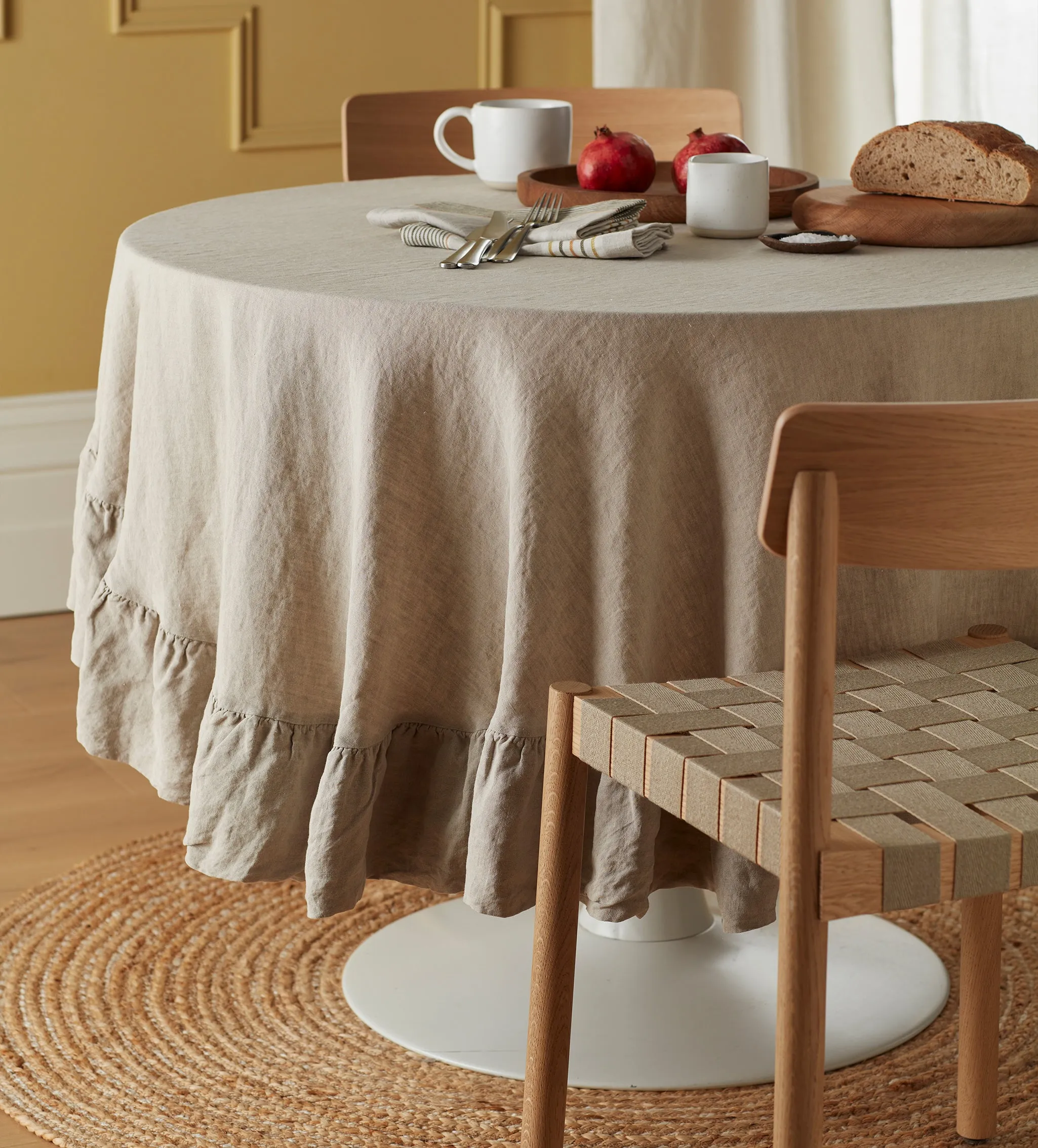 Natural Linen Frill Round Tablecloth - Natural, Linen product