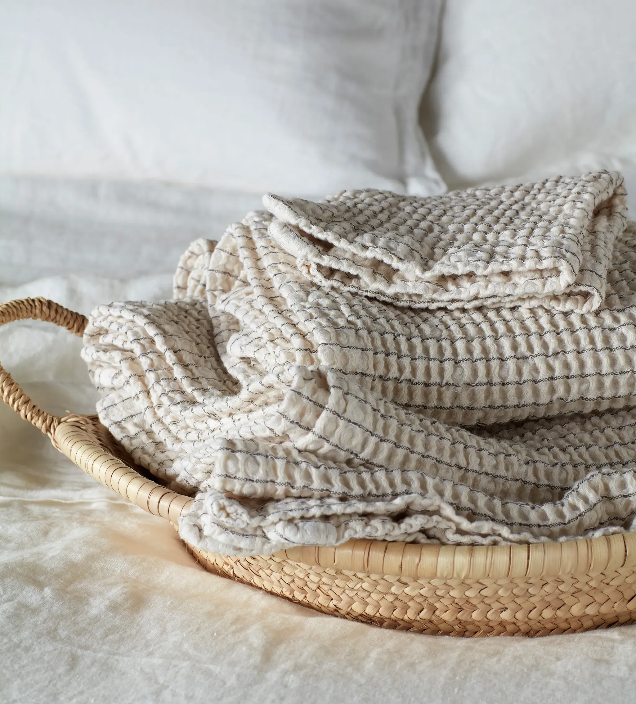 Olive Stripe Waffle Cotton Towel - Off-White, Cotton product