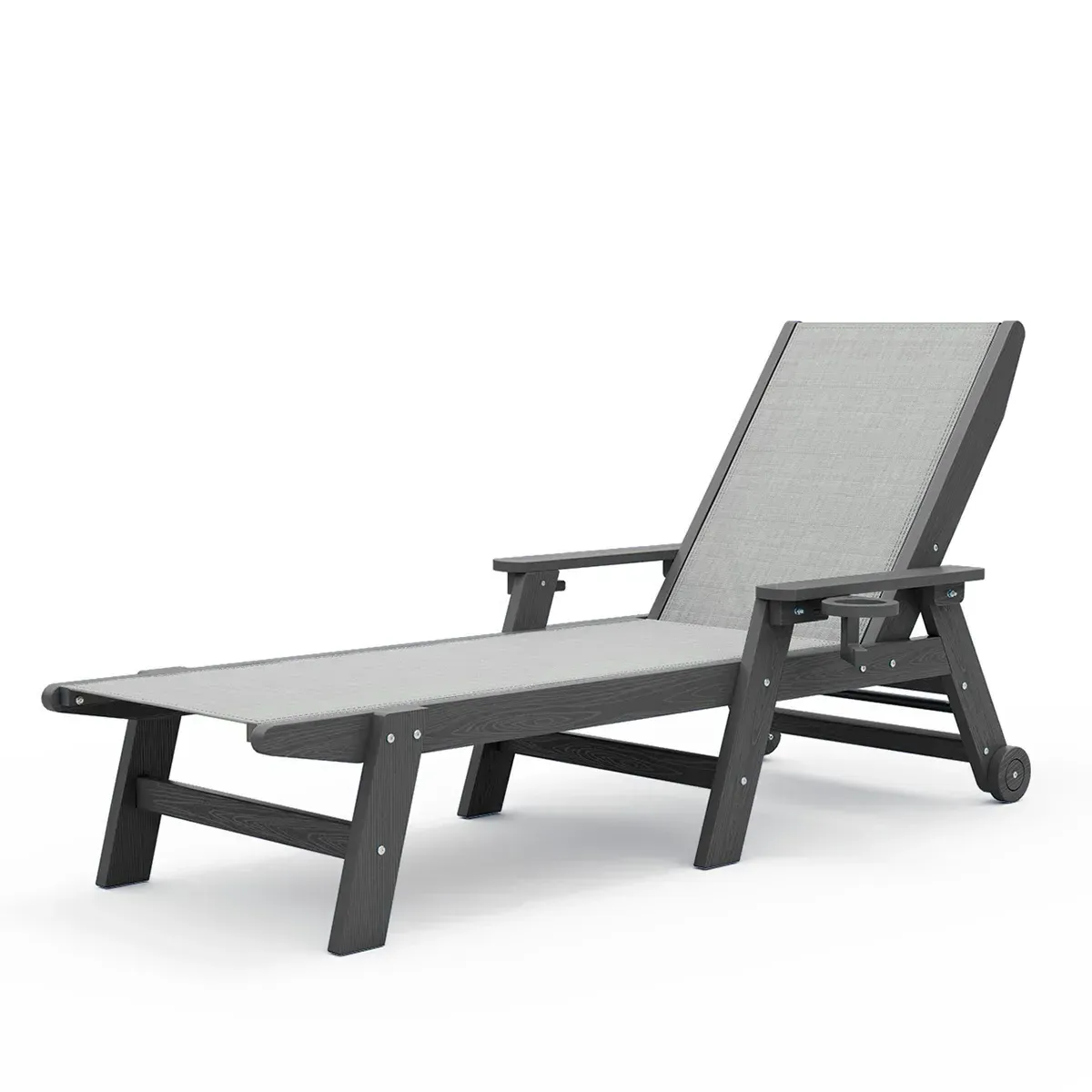 HDPE Poly Sling Reclining Chaise Lounge with Wheel - Black, Dark Gray product