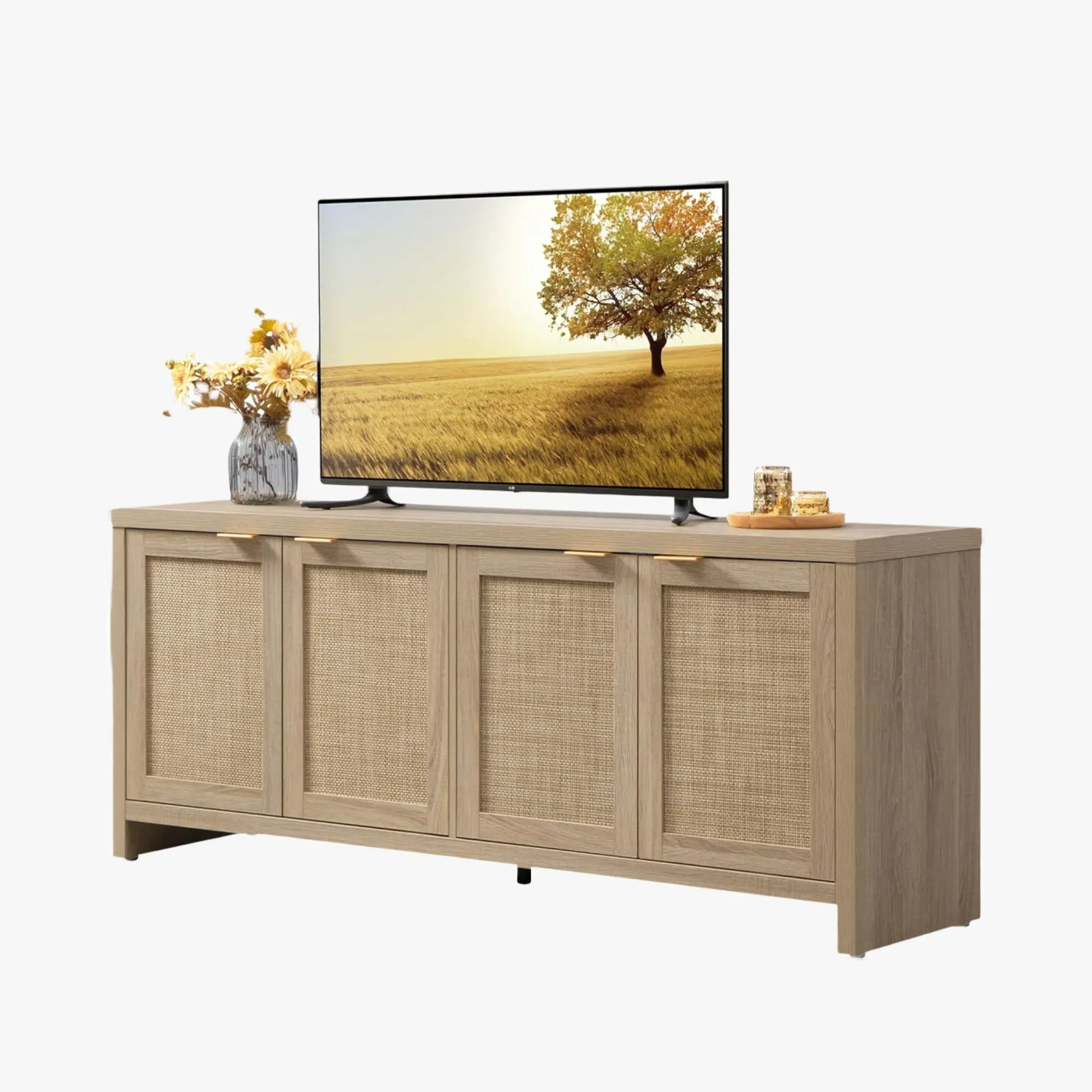 Cas TV Stand with Rattan Cabinet Storage - Deep Oak, Wood product