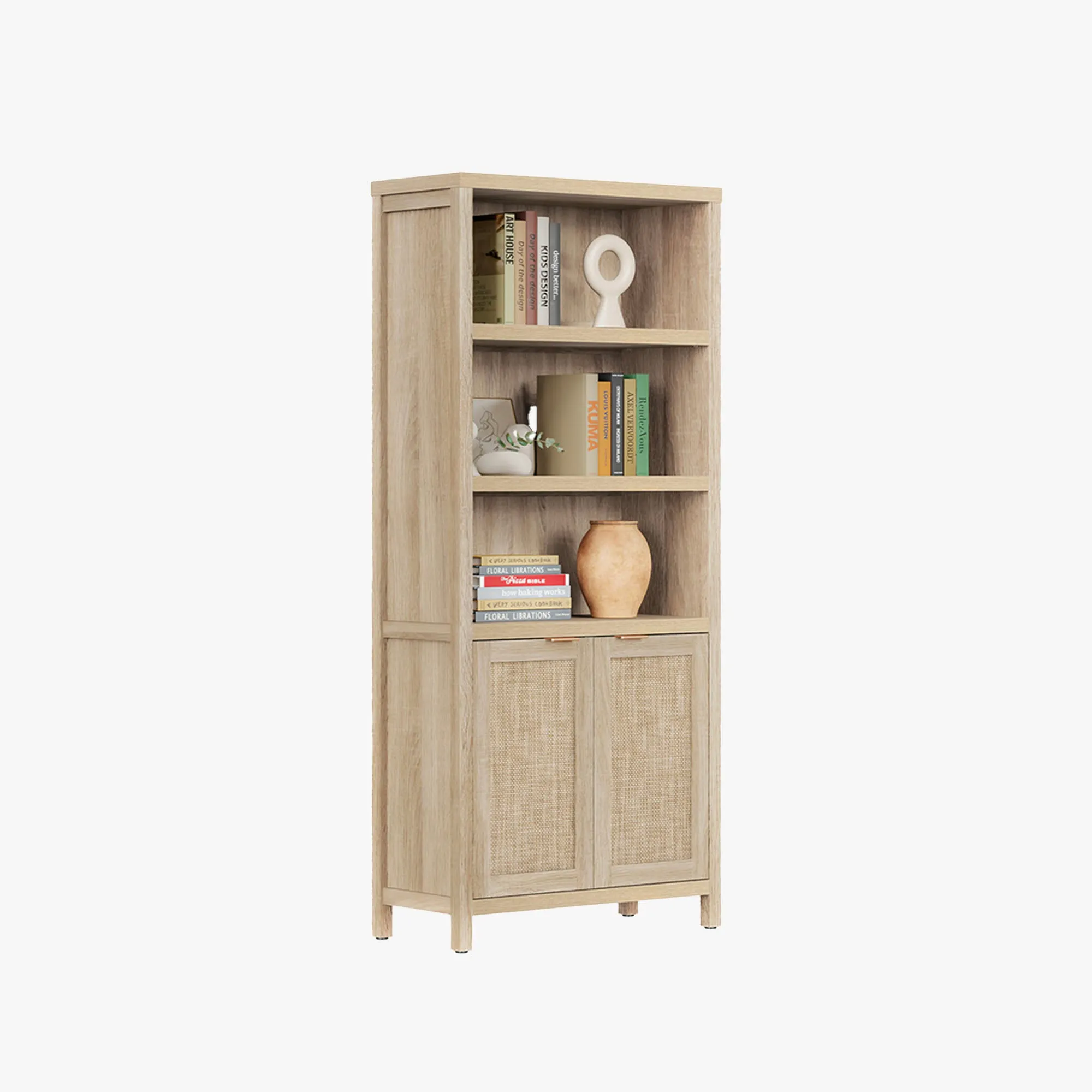 SICOTAS 6-Tier Tall Bookcase with Doors - Rattan product