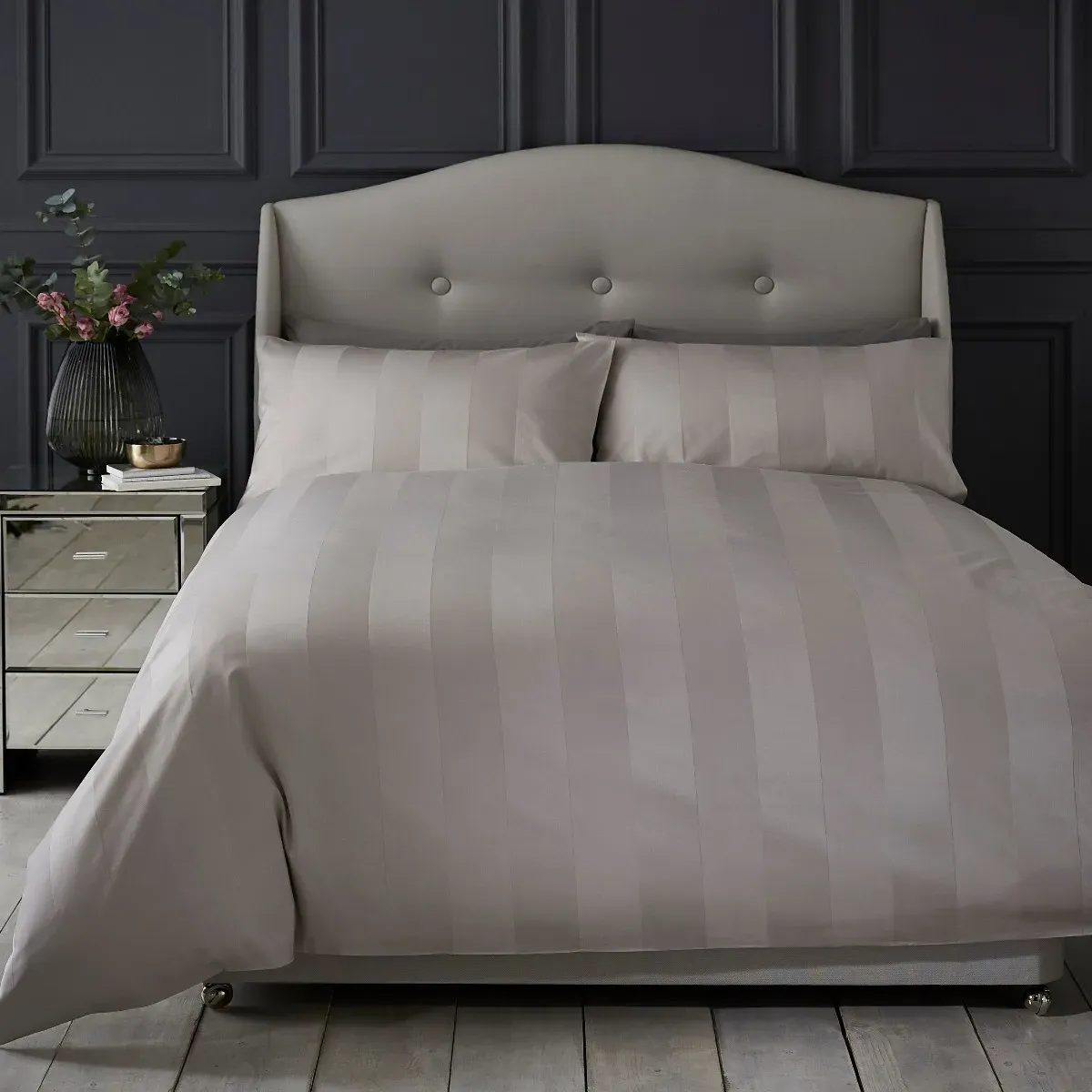 Super King Duvet Set Sateen Stripe - Grey, Cotton