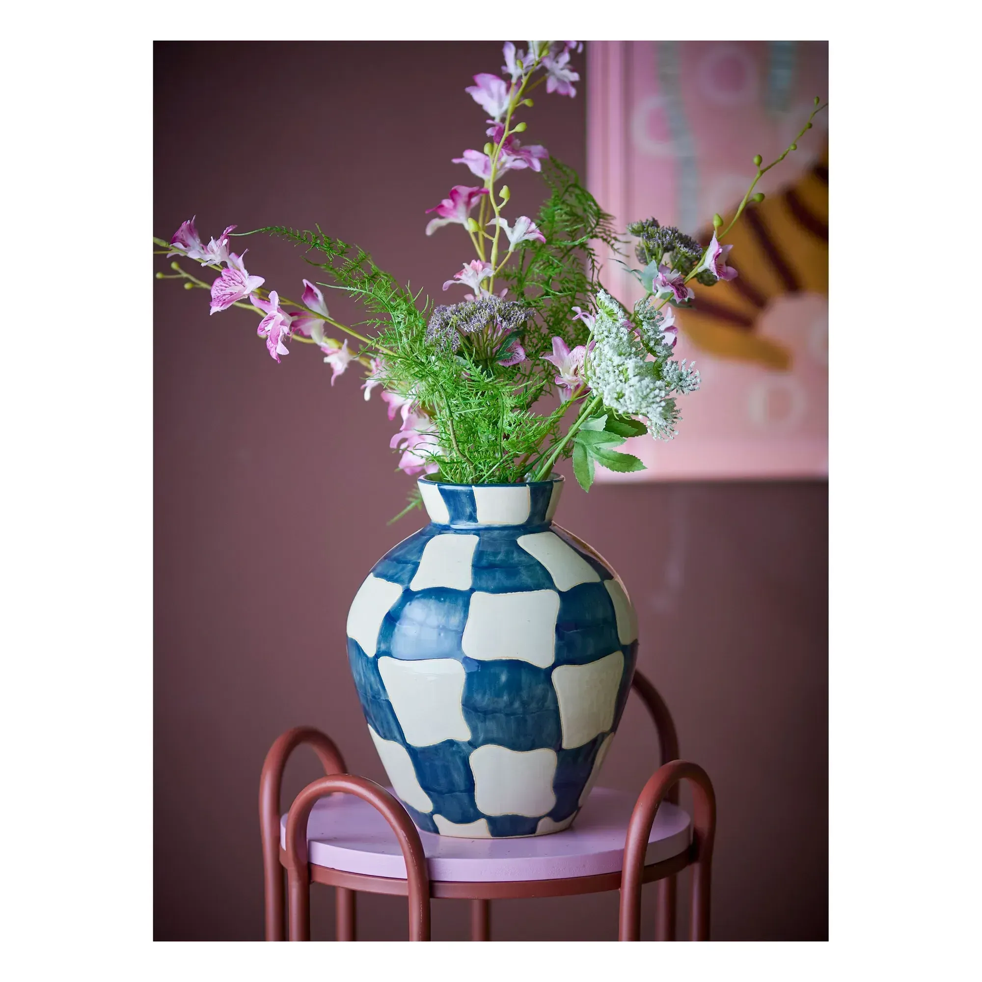 Check Round Stoneware Vase - Blue alternate view