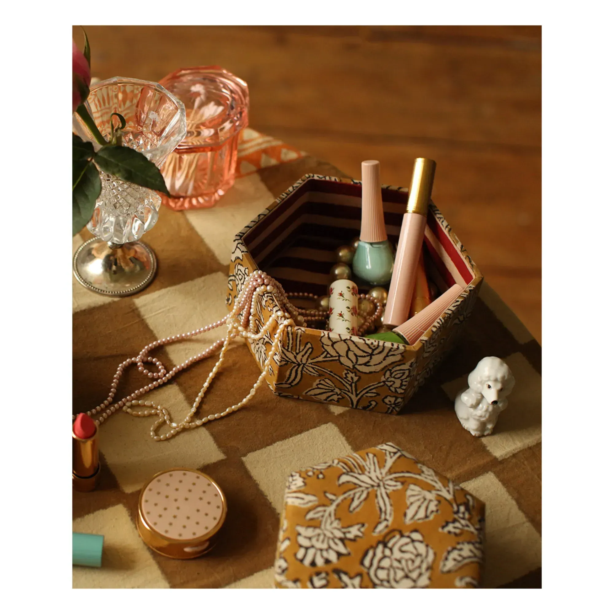 Hexagonal Botanical Storage Boxes Set of 2 - Mustard, Cotton alternate view