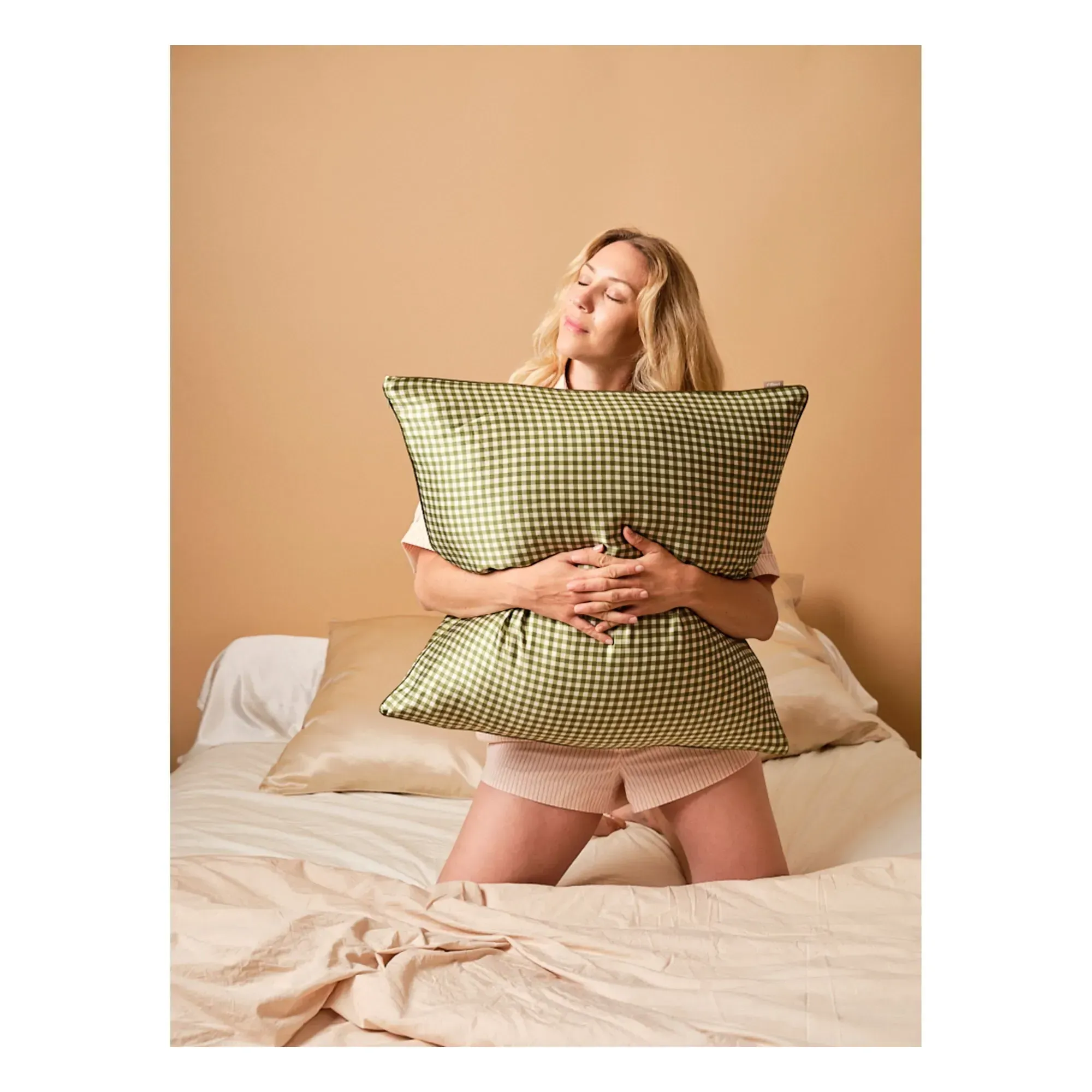 Gingham Mulberry Silk Pillowcase - Khaki alternate view