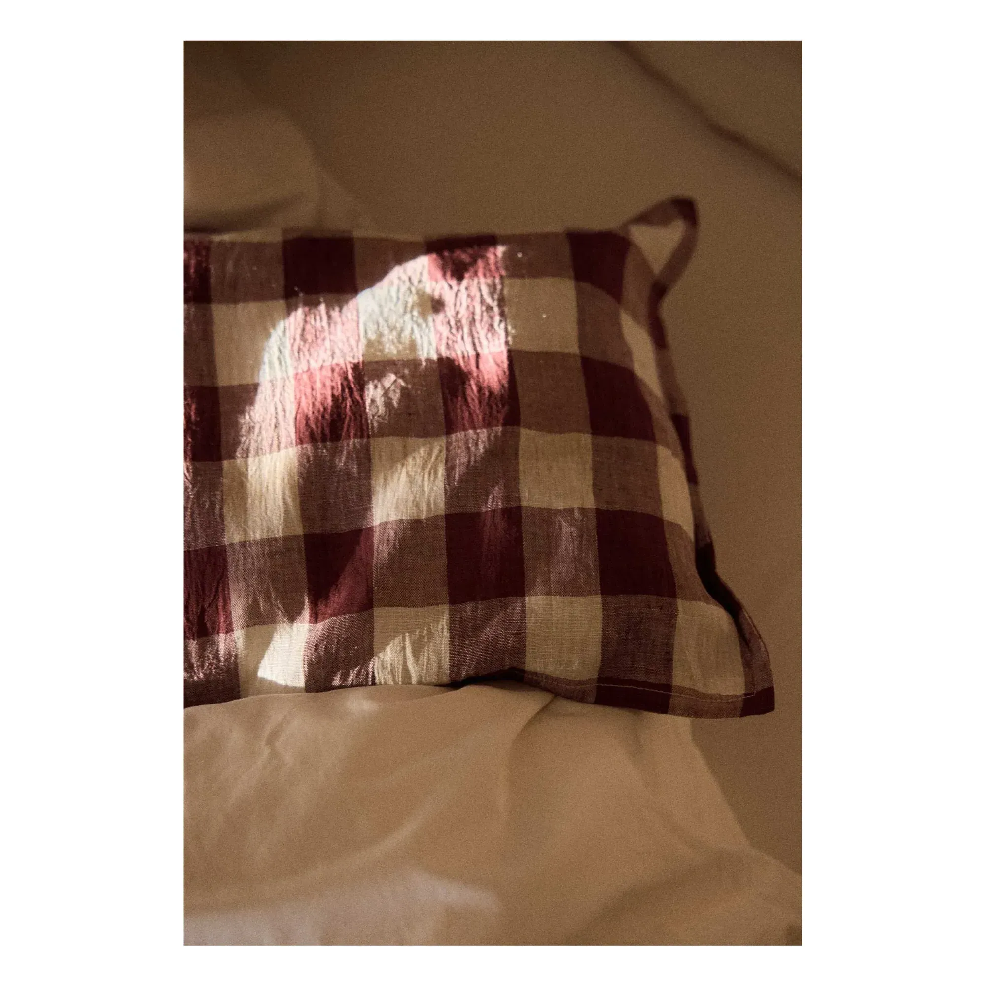 Gingham Cushion Cover with Flounce Finish - Carmine Red, Linen alternate view