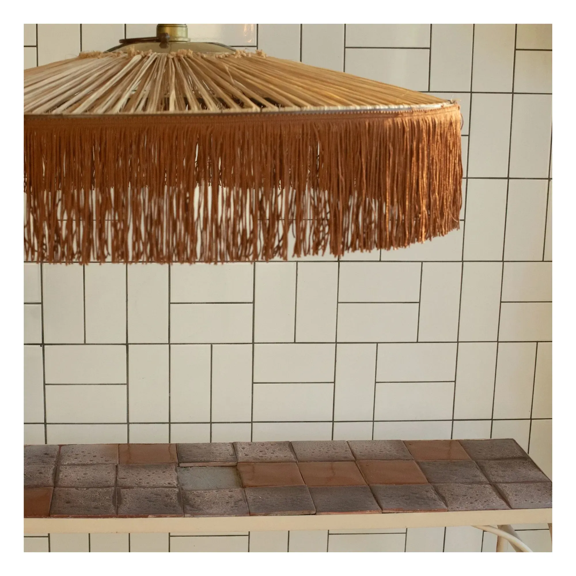 Parasol Fringed Hanging Lamp - Brown, Raffia product