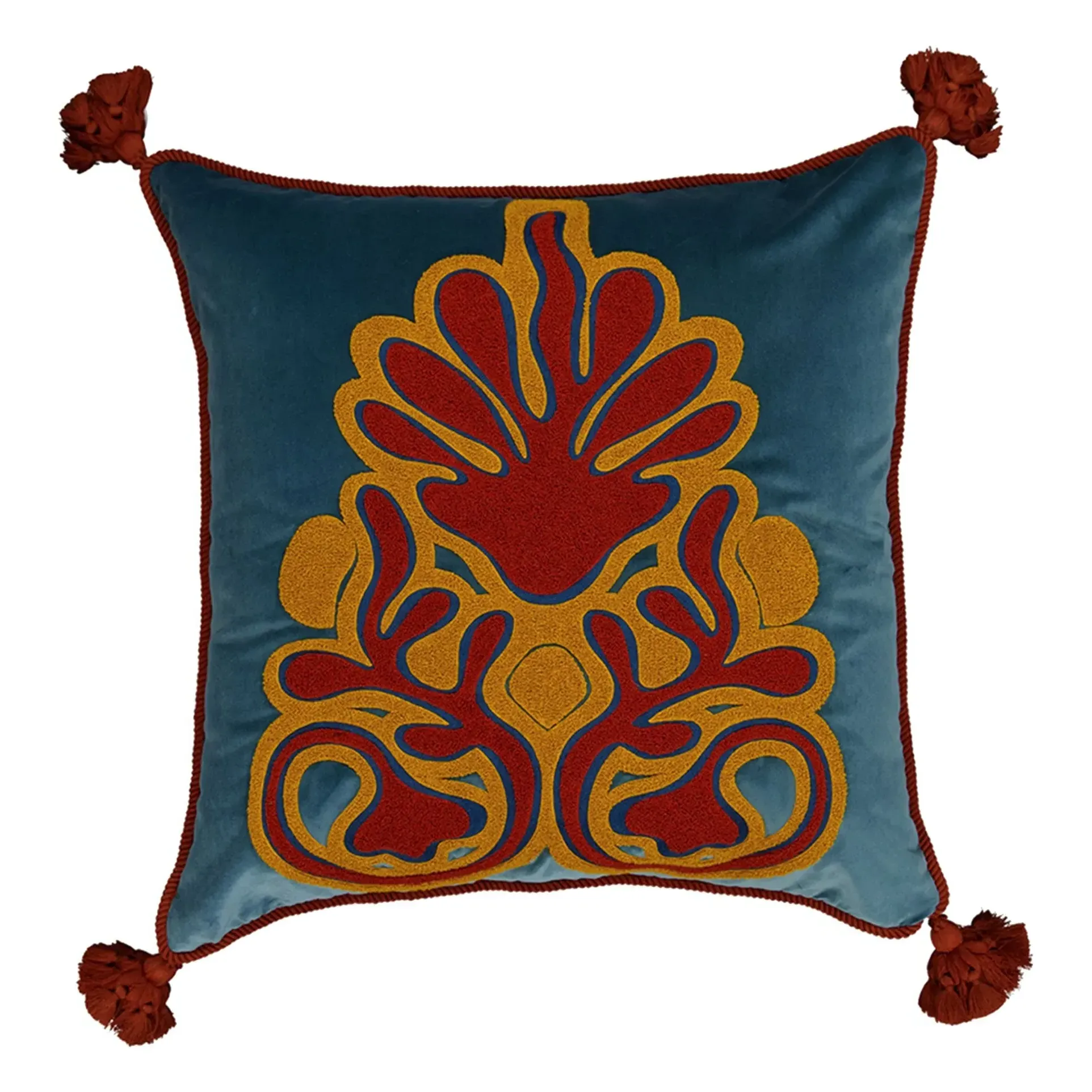 Afonso Embroidered Velvet Cushion - Blue, Cotton product