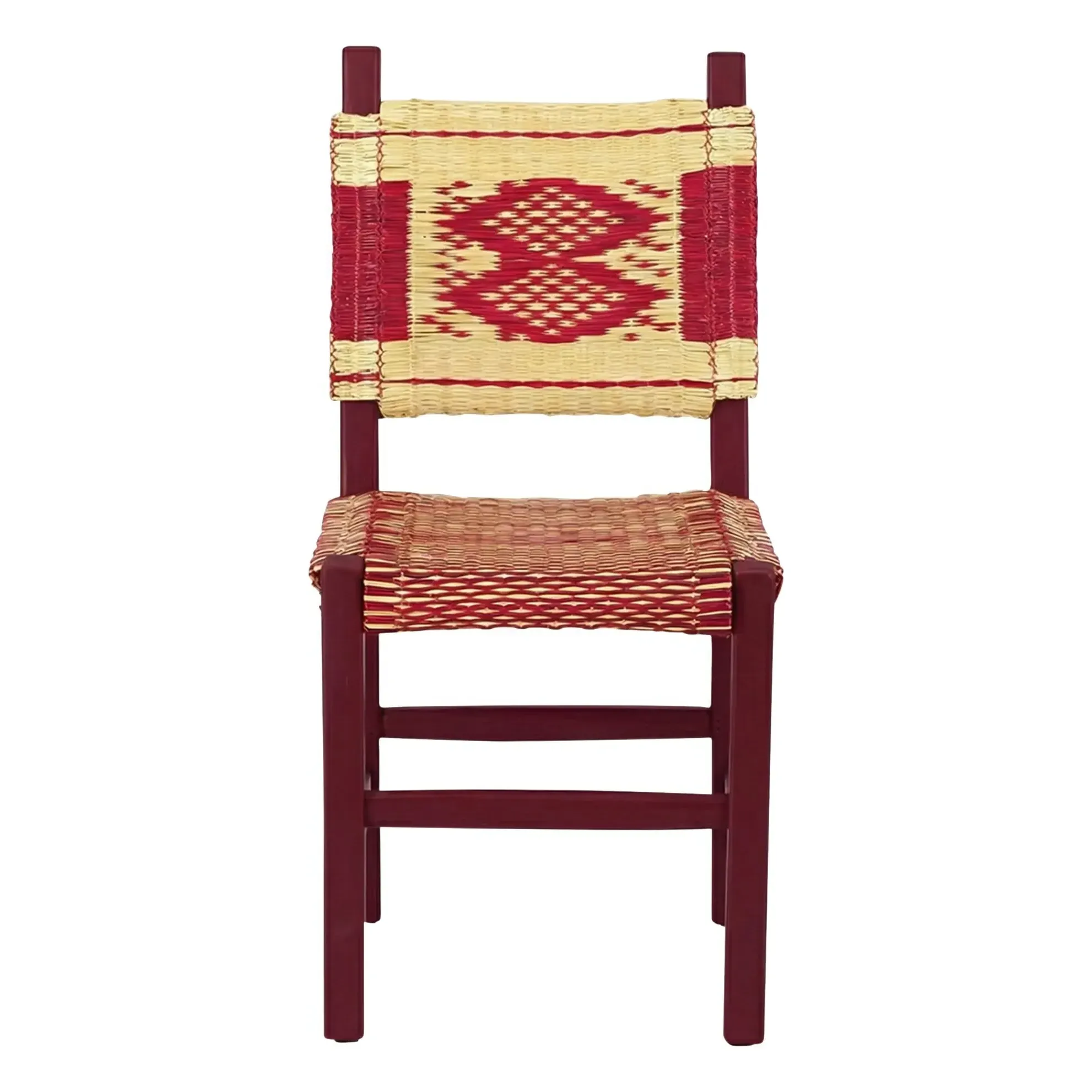 Coruche Dining Chair with Woven Reed Seat - Burgundy, Wood product