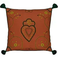 Viana Embroidered Linen Cushion with Pompons - Brick Red alternate view