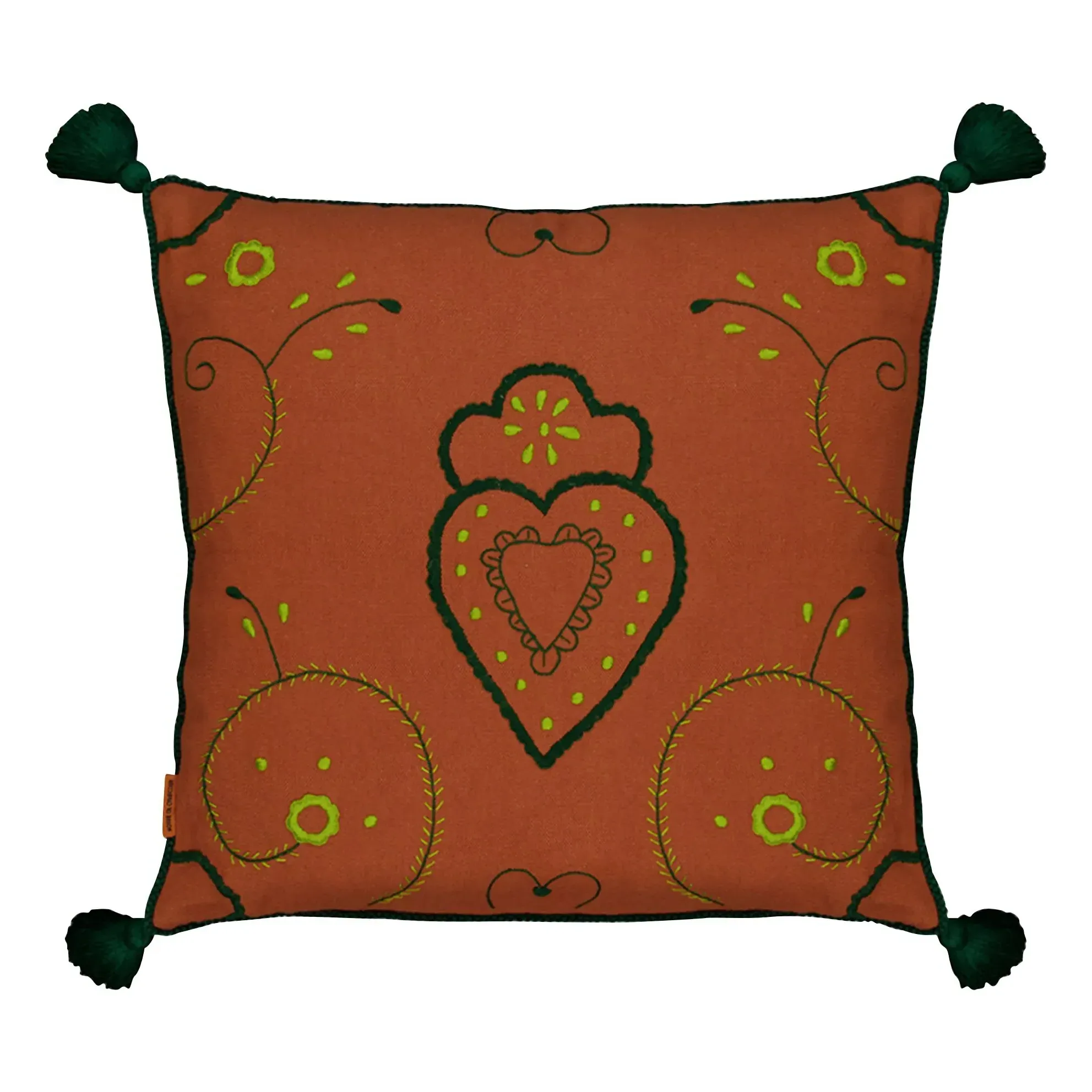 Viana Embroidered Linen Cushion with Pompons - Brick Red product