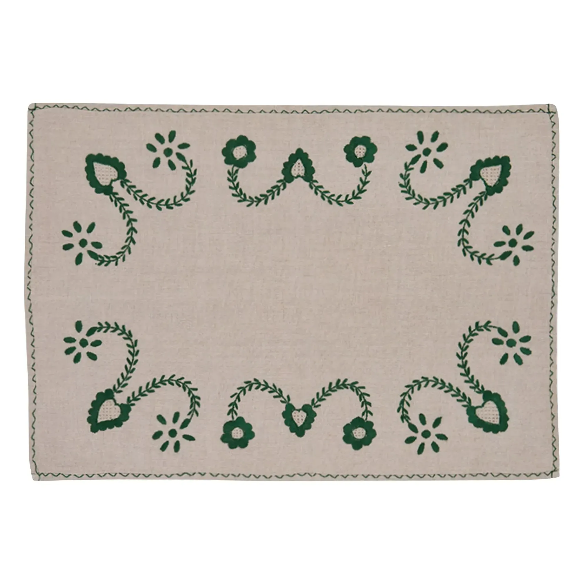 Viana Embroidered Placemat and Napkin Set - Green, Linen alternate view