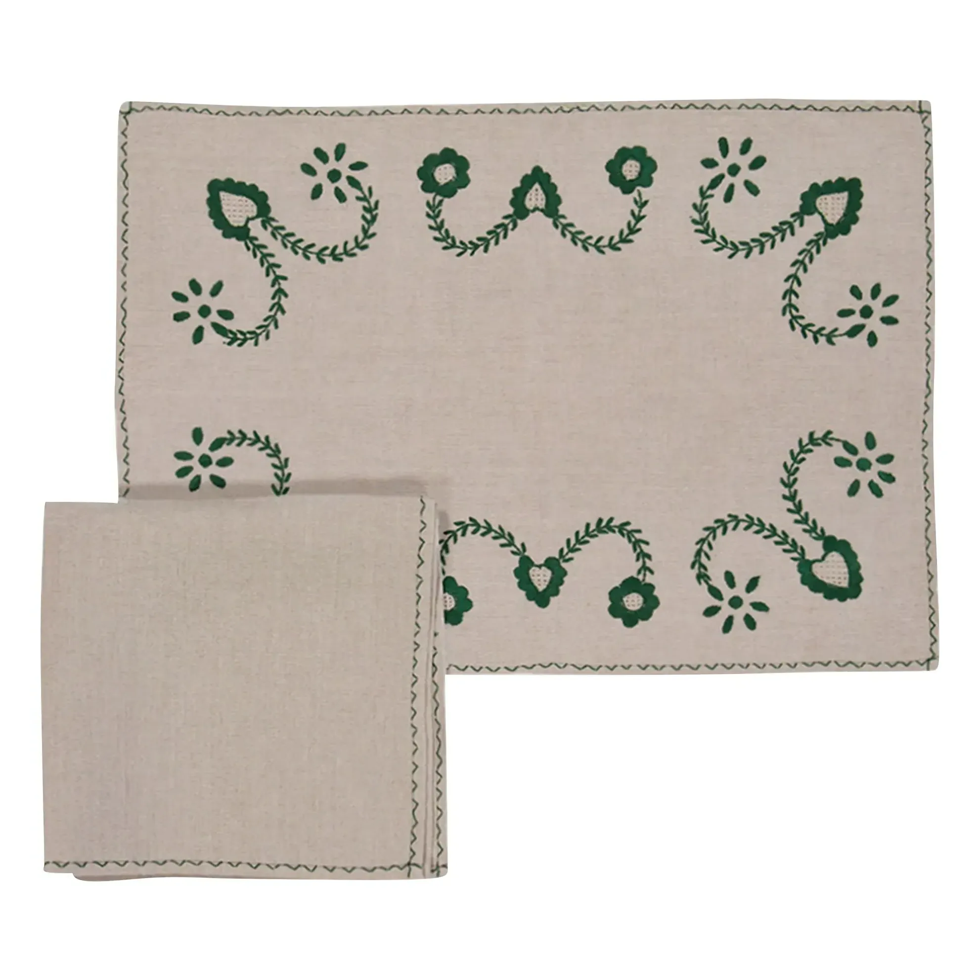 Viana Embroidered Placemat and Napkin Set - Green, Linen product
