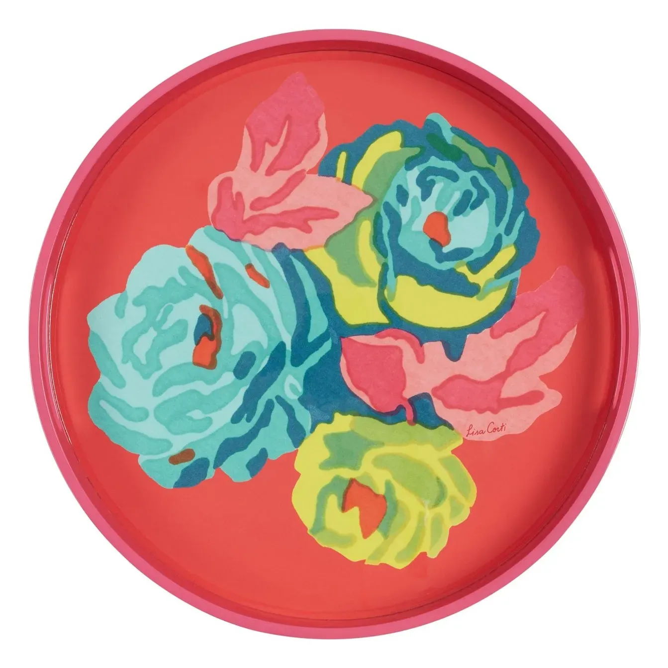 Nizam Flower Geranium Round Lacquered Tray - Red, MDF Wood product