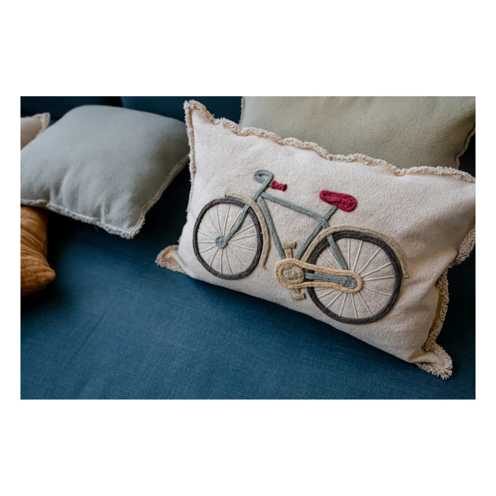 Bike Embroidered Cushion with Fringe - Cream, Cotton alternate view