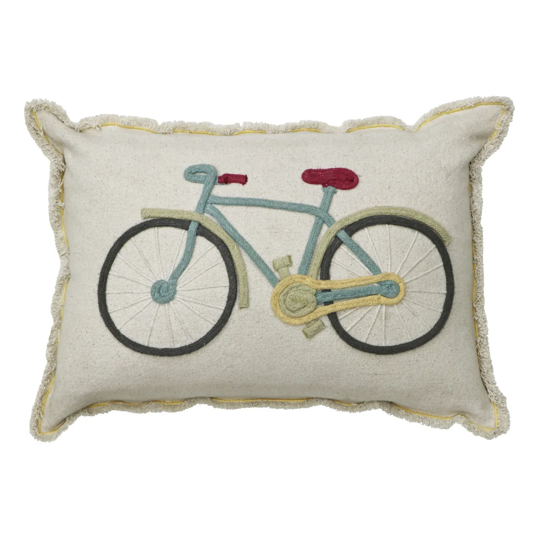Bike Embroidered Cushion with Fringe - Cream, Cotton product