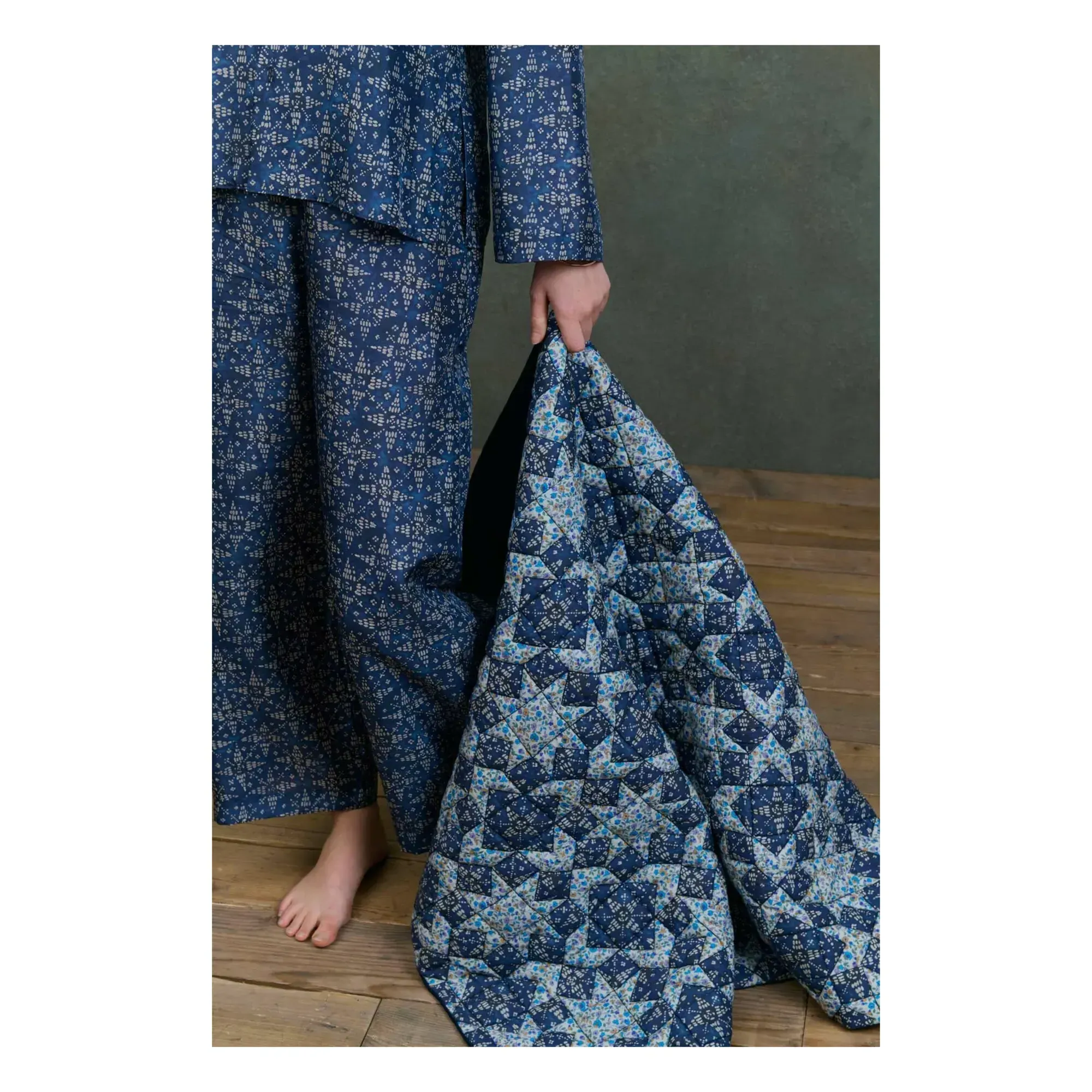 Aneka Patchwork Blanket with Tassels - Blue, Organic Cotton alternate view