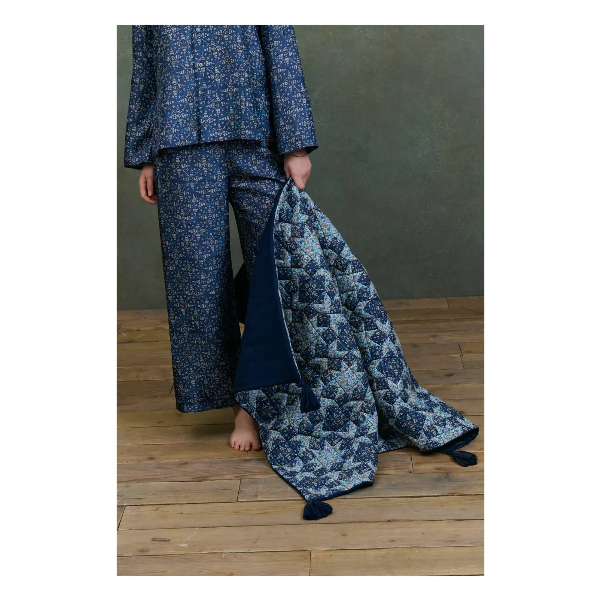 Aneka Patchwork Blanket with Tassels - Blue, Organic Cotton product