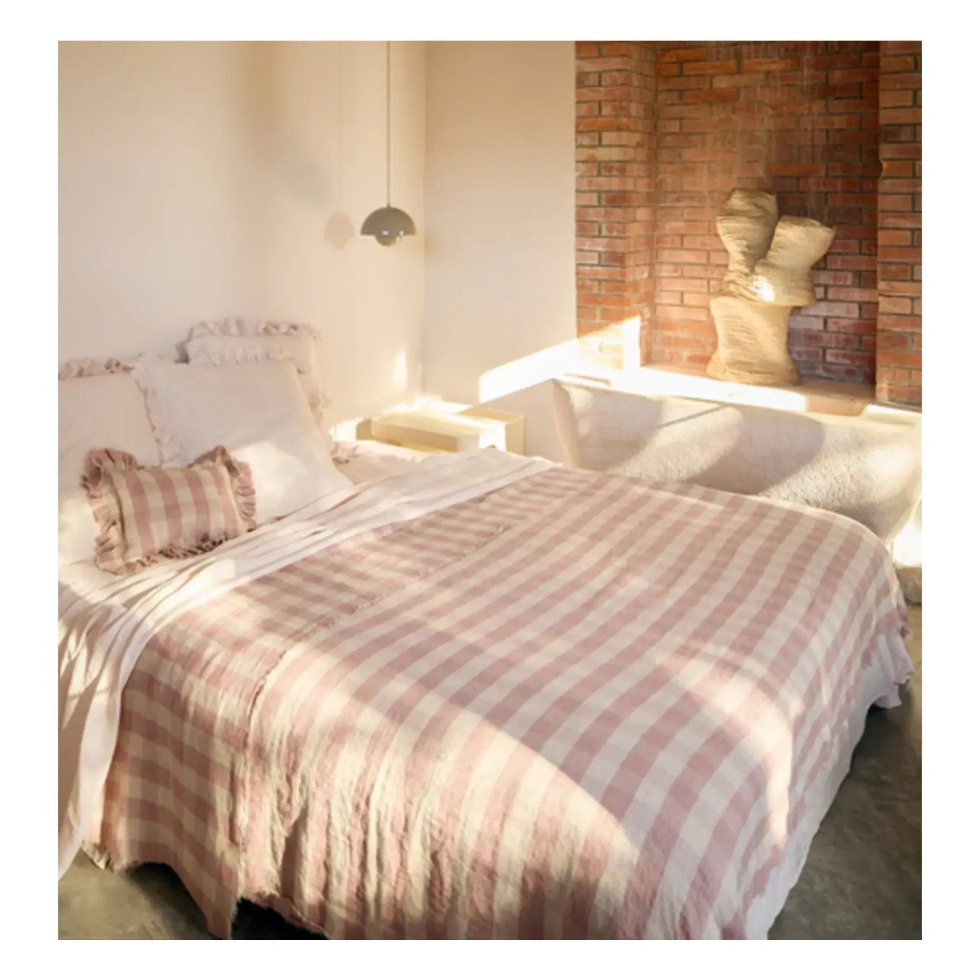 Vichy Cottage Ruffled Cushion - Red Oxide, Washed Linen alternate view