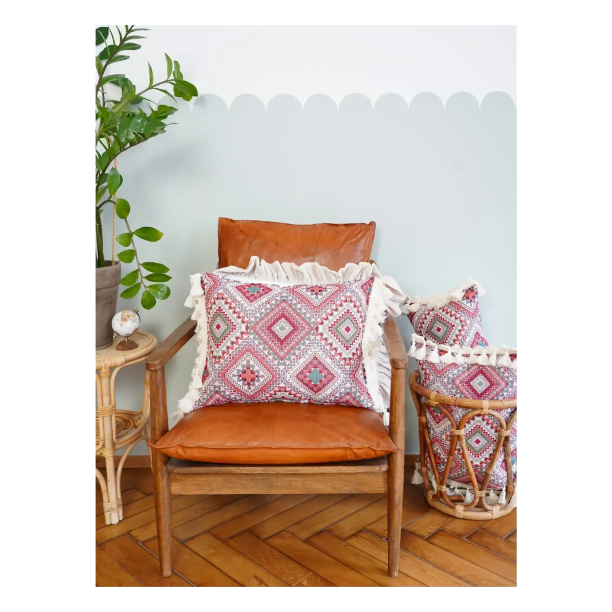 Boho Cushion with Pompoms - Red, Cotton Blend alternate view