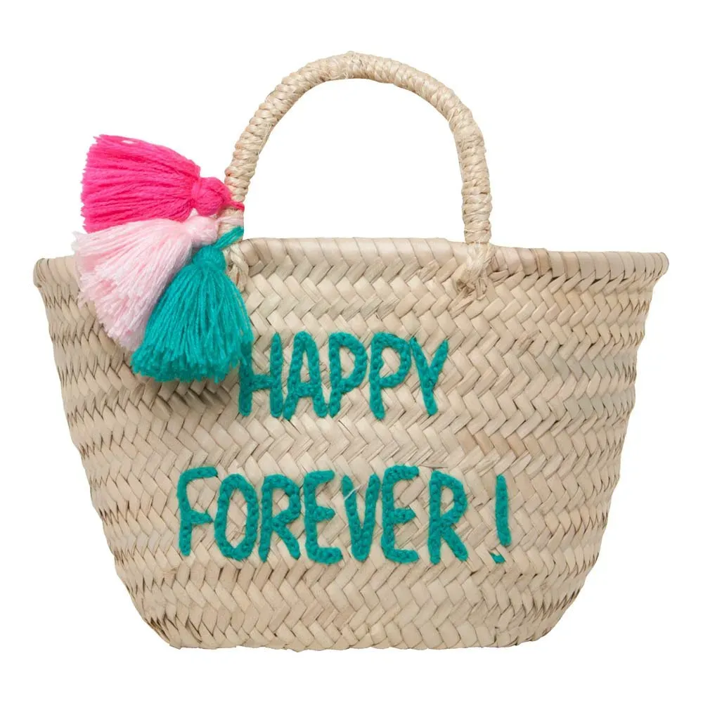 Happy Forever Embroidered Pompom Basket - Natural, Straw product