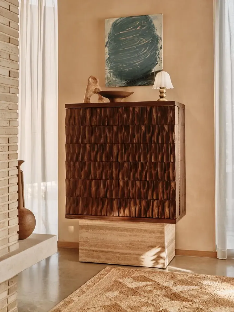 Alani Bar Cabinet with LED Lighting - Travertine, Pine product